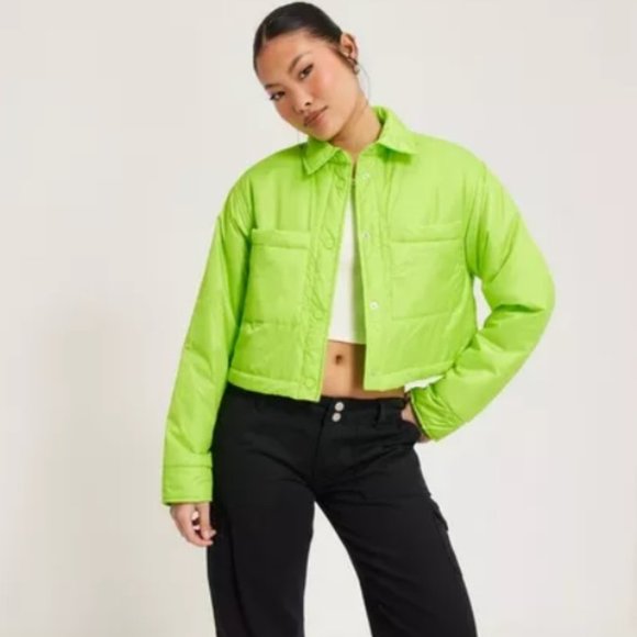 NWT Cropped Puffer Jacket CASSIDY Shacket by ONLY Vibrant Jasmine Green Boxy L - Picture 3 of 12
